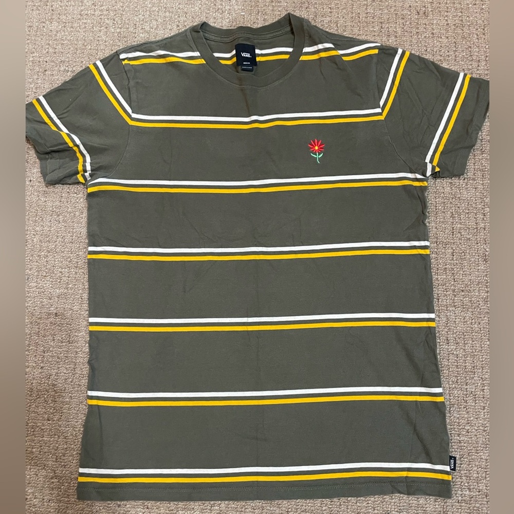 Vans Olive Striped Men's T-Shirt Medium embroidered detail